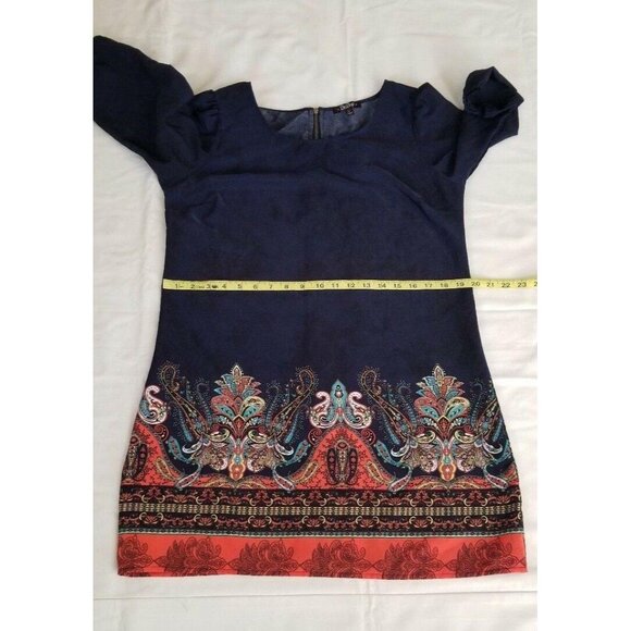 Bebop Women's Navy Blue/Multicolor 3/4 Sleeve Paisley Print Shift Dress Sz Large - Picture 11 of 14